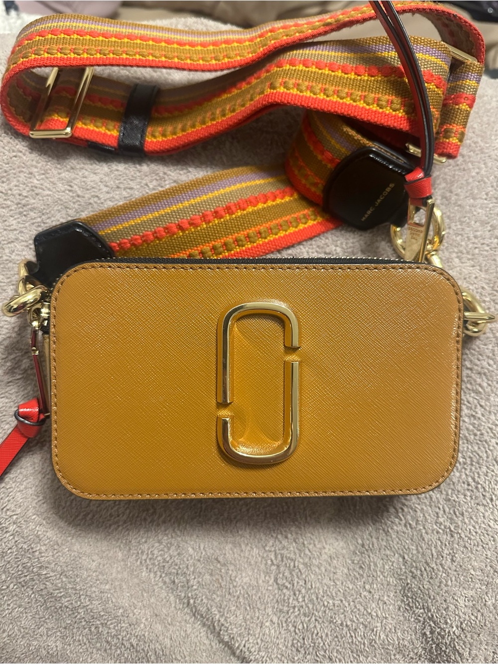 Marc Jacobs Crossbody Camera Bag in Mustard Yellow with Striped Strap